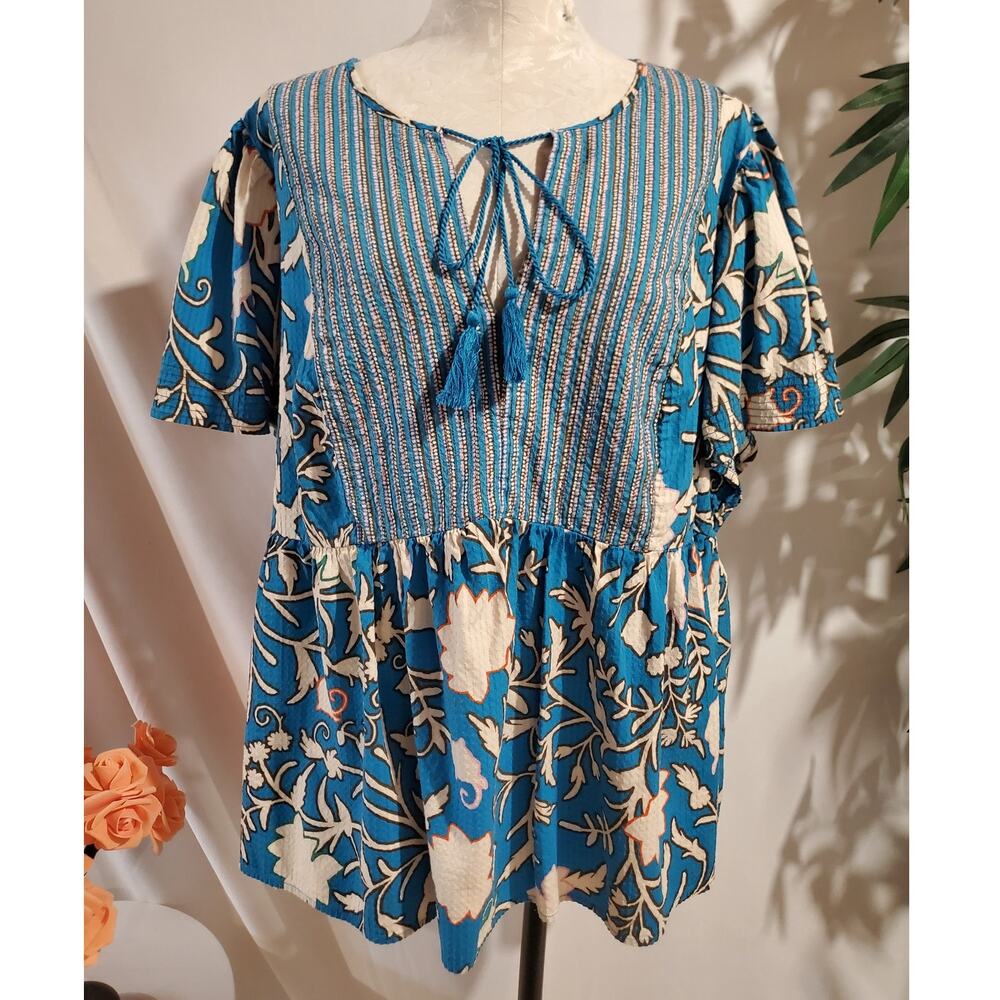 Knox Rose Floral Keyhole Tassel Tie Neck Boho Top Size 2X Blue Hippie Peasant